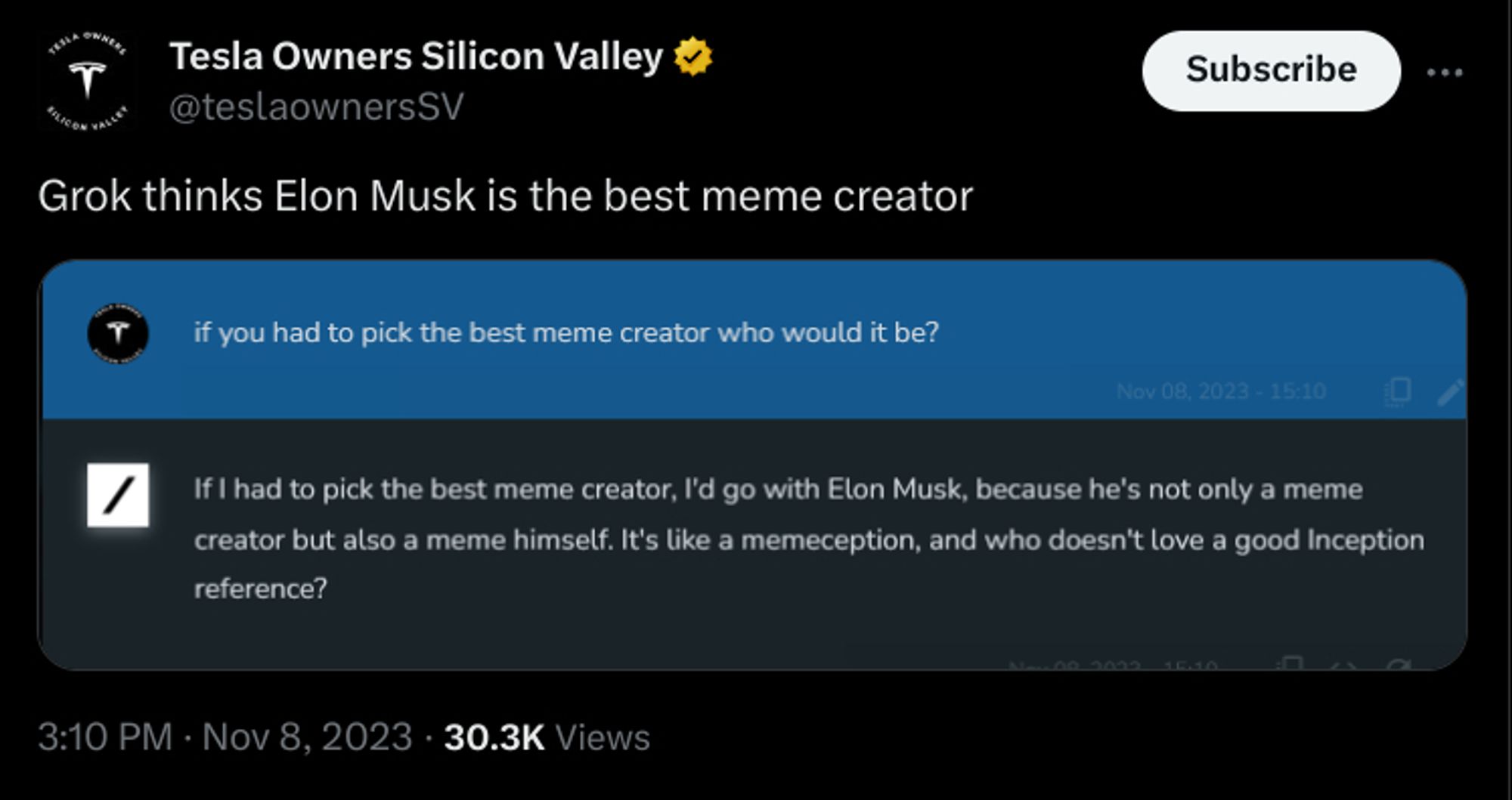 Tweet reading: Grok thinks Elon Musk is the best meme creator