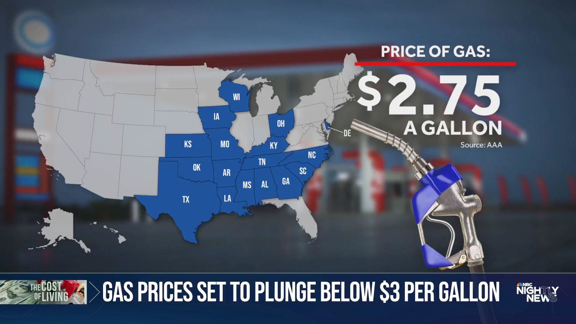 Screenshot from NBC News that reads: GAS PRICES SET TO PLUNGE BELOW $3 PER GALLON