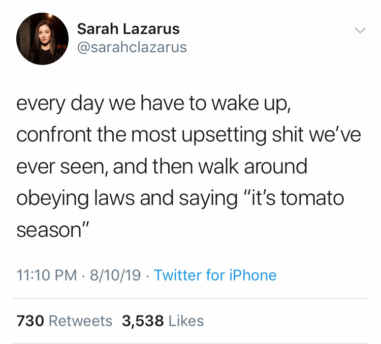 Sarah Lazarus
@sarahclazarus
every day we have to wake up, confront the most upsetting shit we've ever seen, and then walk around obeying laws and saying "it's tomato season"
11:10 PM • 8/10/19 • Twitter for iPhone
730 Retweets 3,538 Likes