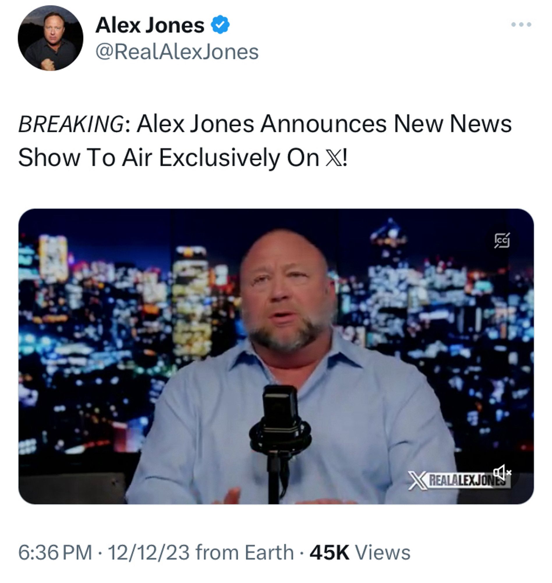 𝘉𝘙𝘌𝘈𝘒𝘐𝘕𝘎: Alex Jones Announces New News Show To Air Exclusively On 𝕏!