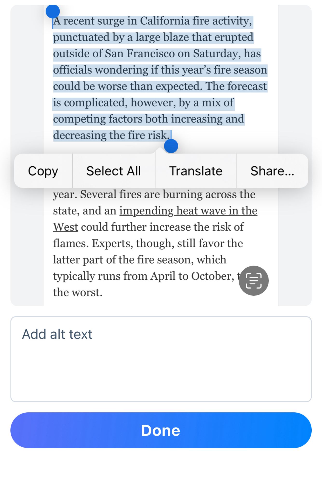 Screenshot of an alt-text window with the highlighted text: A recent surge in California fire activity, punctuated by a large blaze that erupted outside of San Francisco on Saturday, has officials wondering if this year's fire season could be worse than expected. The forecast is complicated, however, by a mix of competing factors both increasing and decreasing the fire risk.