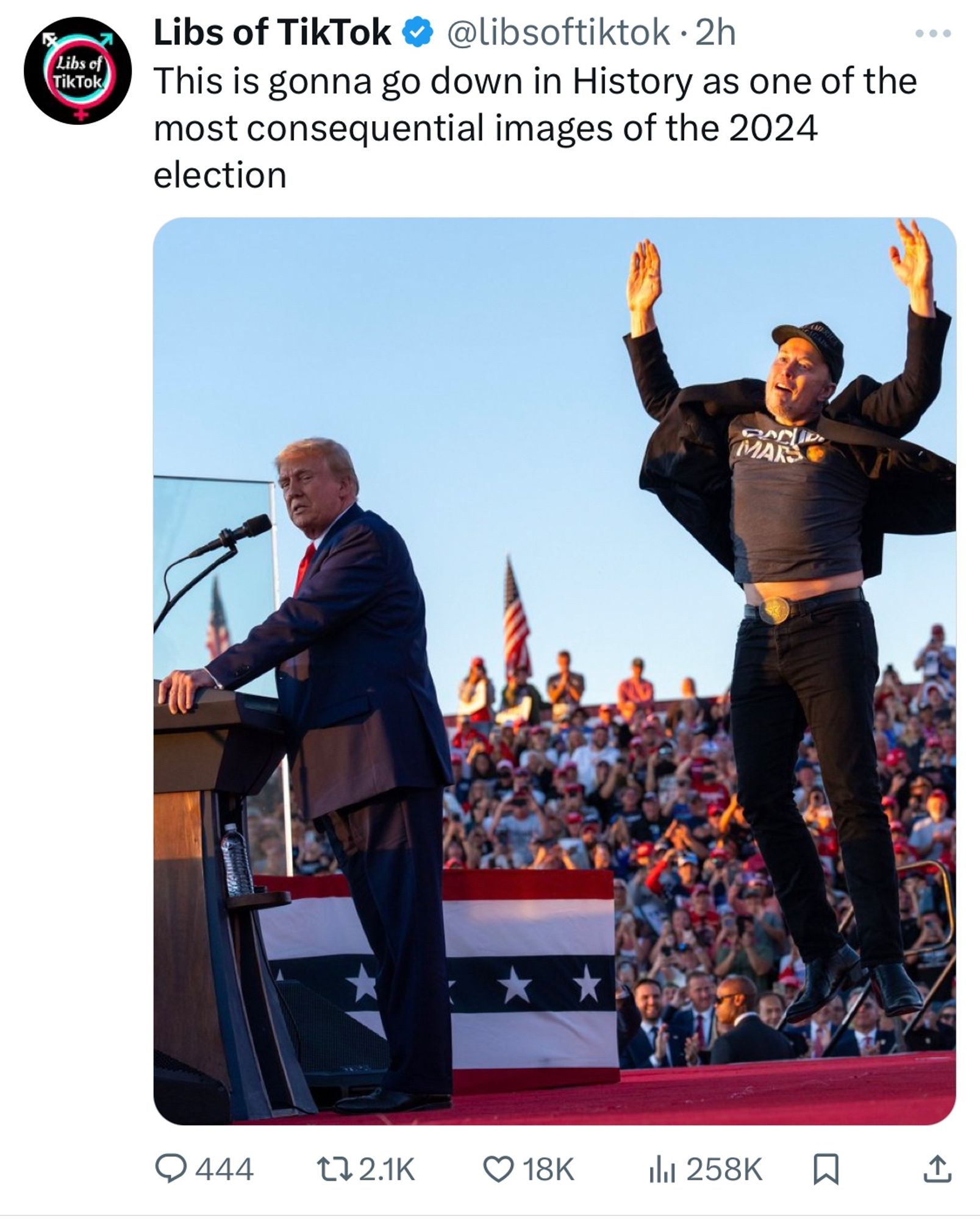 Libs of TikTok tweeting of photo of Elon Musk looking like a dipshit at Trump’s rally in PA today: This is gonna go down in History as one of the most consequential images of the 2024 election