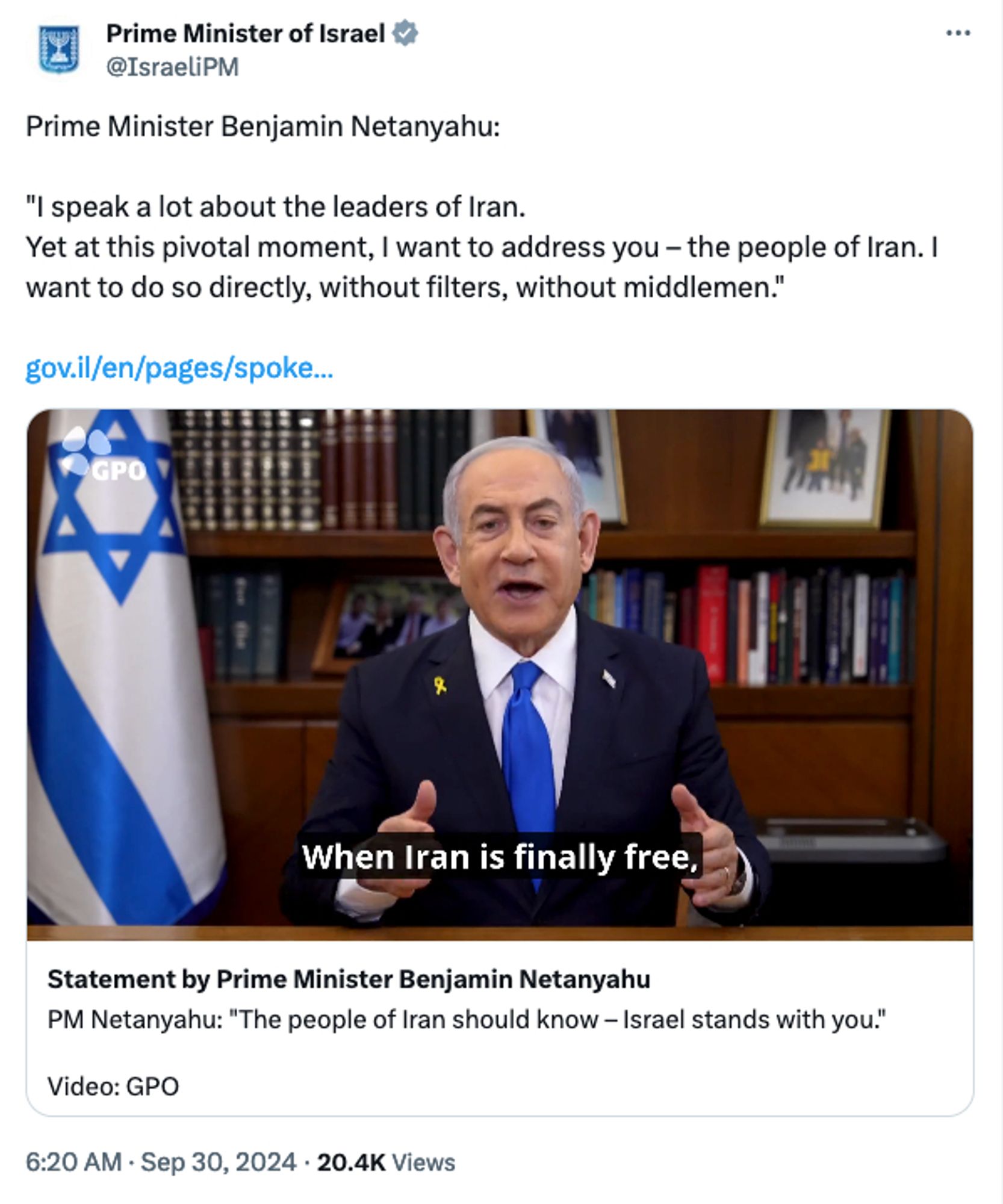 Tweet from @IsraelPM: Prime Minister Benjamin Netanyahu:

"I speak a lot about the leaders of Iran.
Yet at this pivotal moment, I want to address you – the people of Iran. I want to do so directly, without filters, without middlemen."