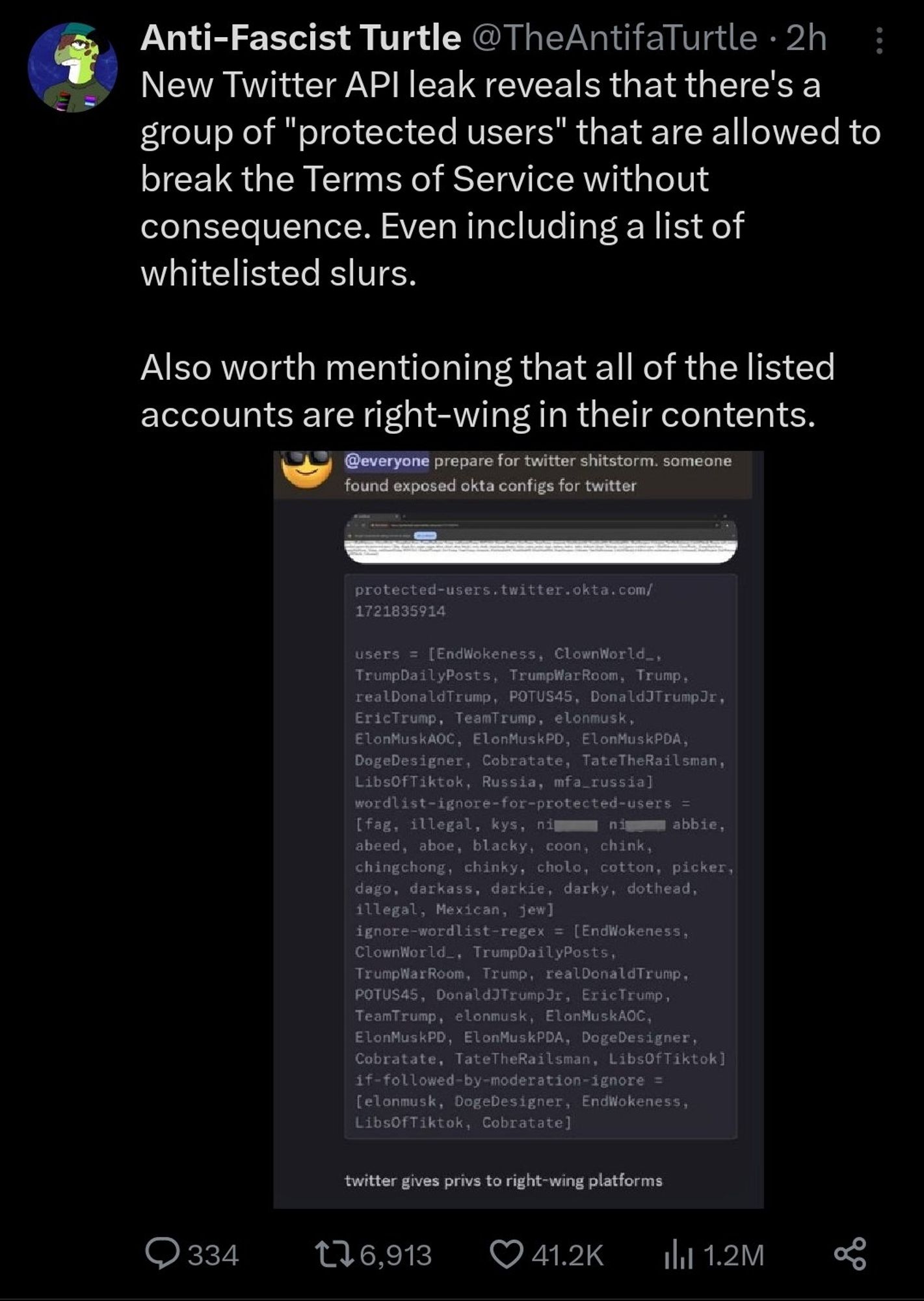 New Twitter API leak reveals that there's a group of "protected users" that are allowed to break the Terms of Service without consequence. Even including a list of whitelisted slurs.
Also worth mentioning that all of the listed accounts are right-wing in their contents.