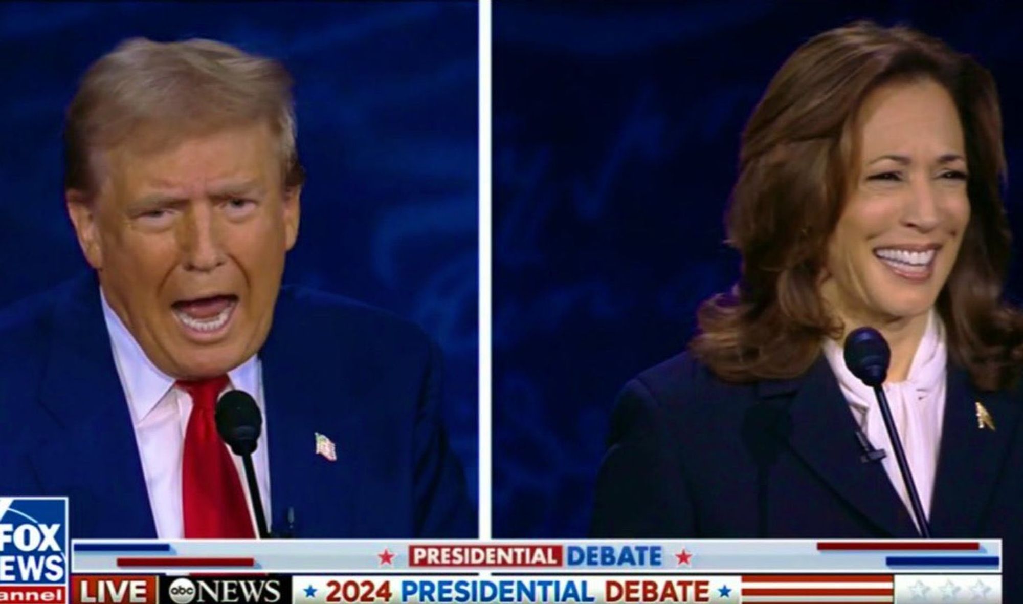 Screenshot from Fox News where Trump's mouth is open wide and angry and Harris is smiling and laughing