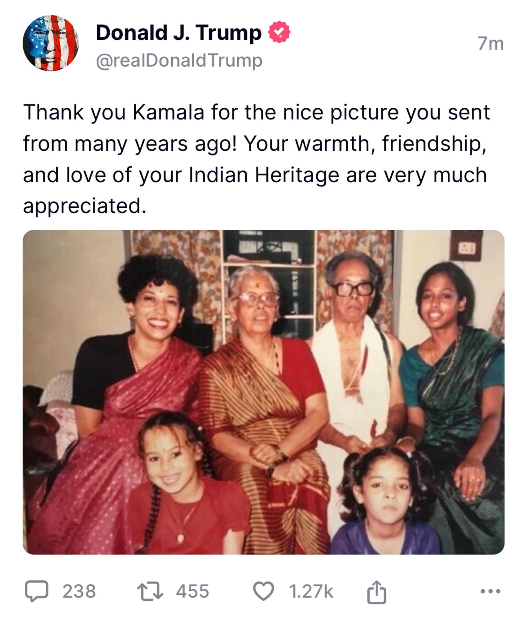 Trump sharing a photo of Kamala Harris with Indian family members: Thank you Kamala for the nice picture you sent from many years ago! Your warmth, friendship, and love of your Indian Heritage are very much appreciated.