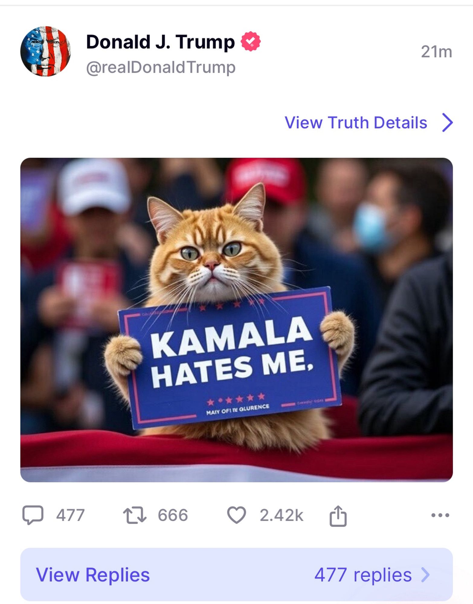 Trump tweet of AI cat holding a sign that says Kamala Hates Me