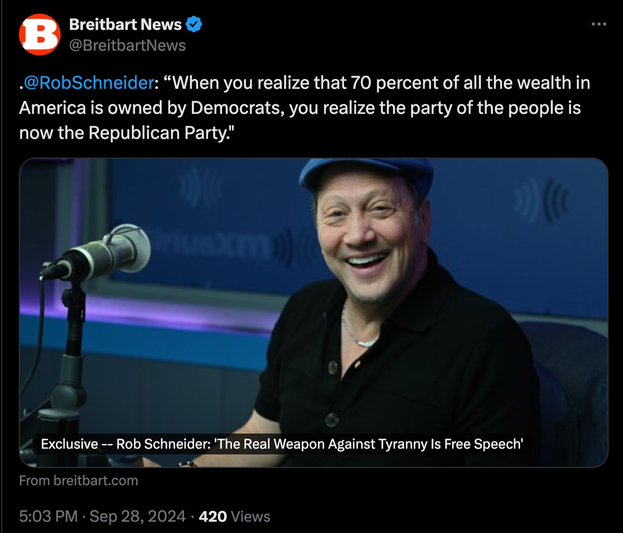 .
@RobSchneider
: “When you realize that 70 percent of all the wealth in America is owned by Democrats, you realize the party of the people is now the Republican Party."