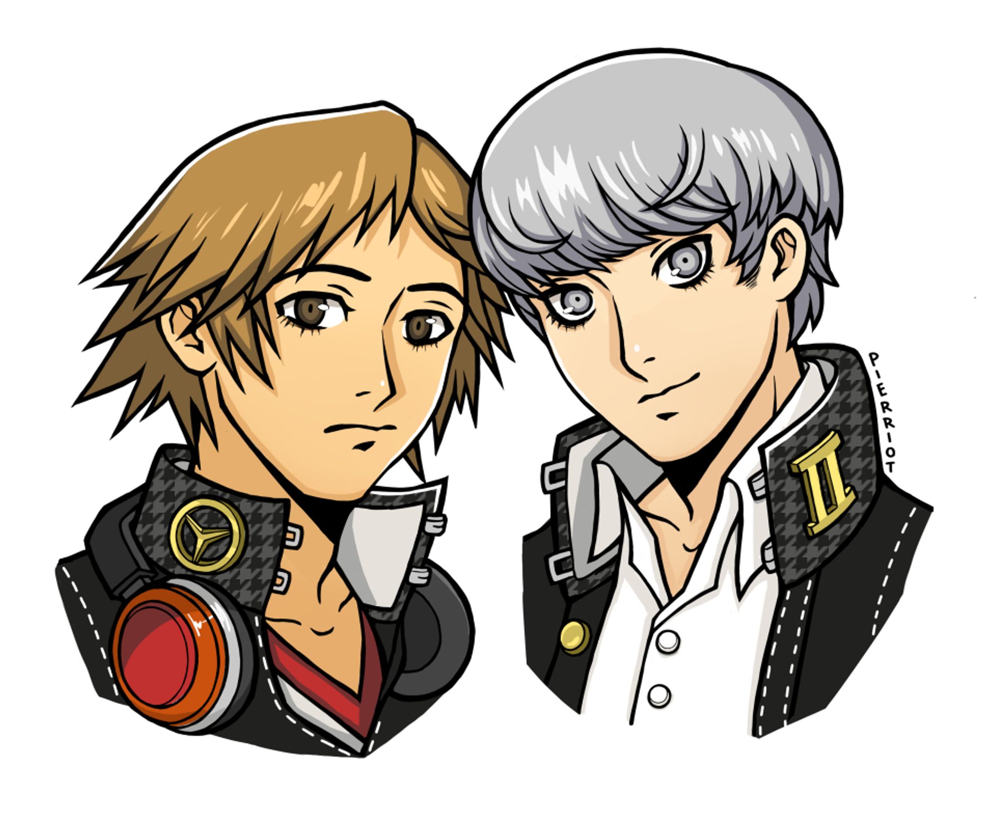 Bust illustrations of Persona 4 characterd Yosuke Hanamura and Yu Narukami in their school uniforms.