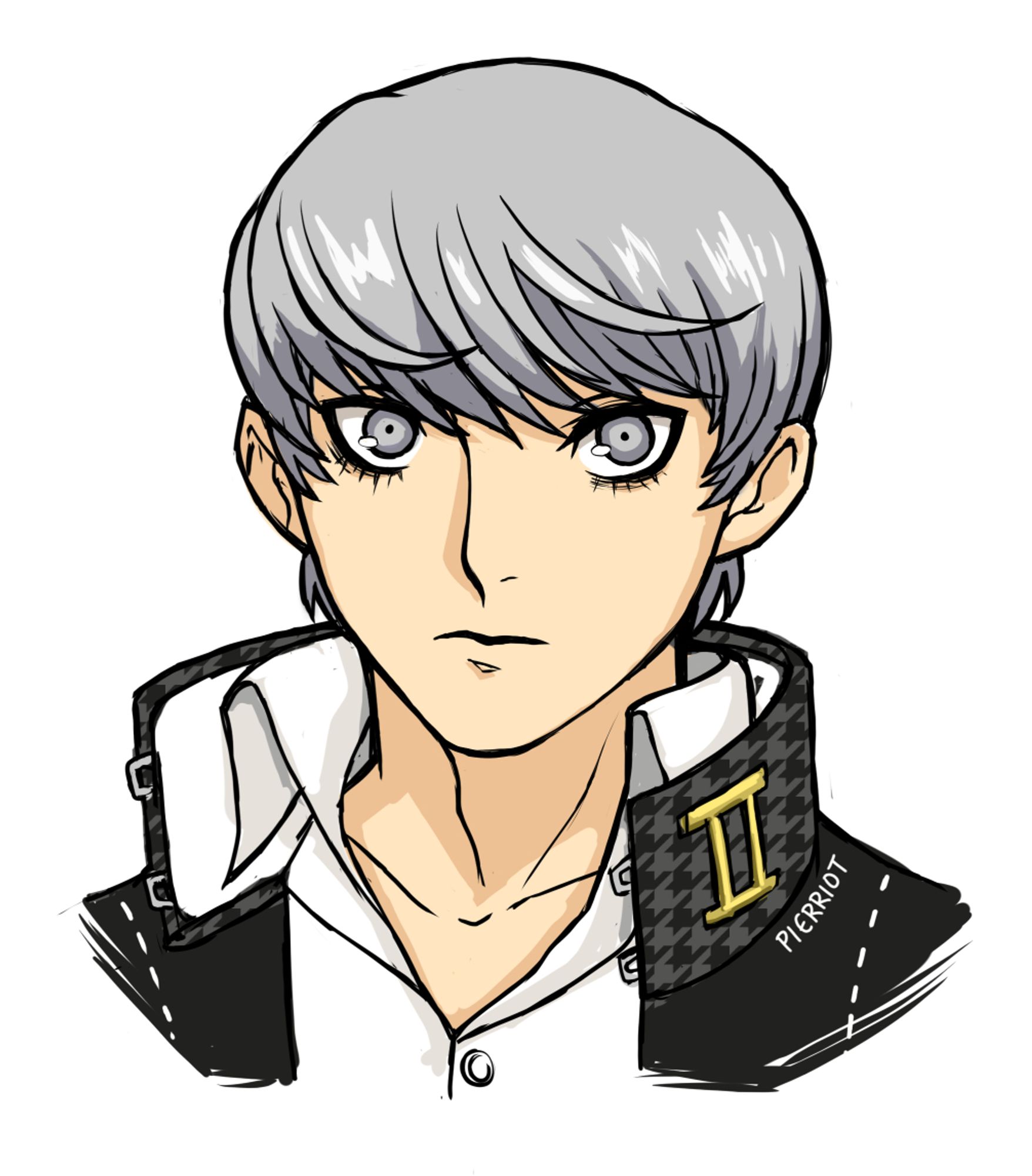 Color illustration of a character with pale skin, a gray bowl cut hairstyle, gray eyes, and a black school jacket.