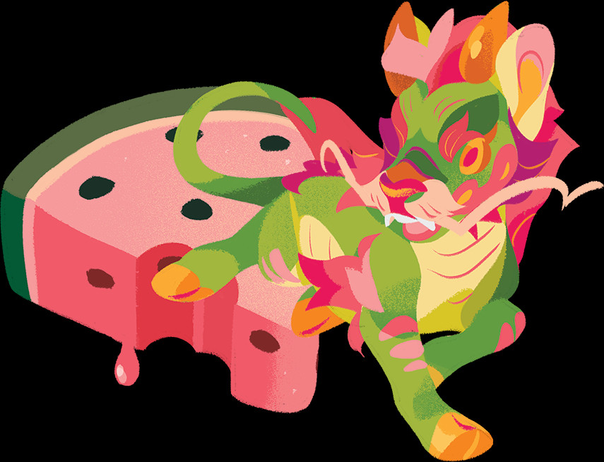 A green qilin leaps over a watermelon slice