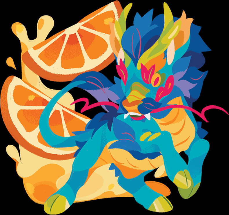 A blue qilin poses with orange slices