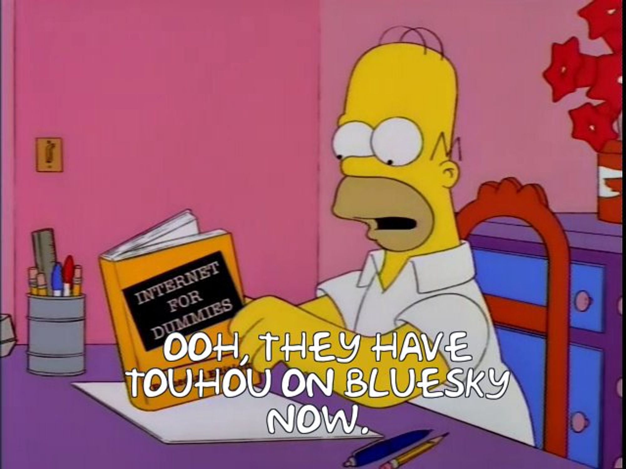 Homer Simpson reading a book called "Internet for Dummies." The caption has been edited to read "ooh, they have Touhou on Bluesky now."