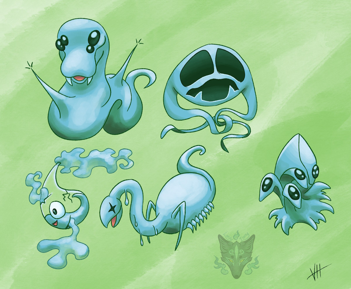 Digital drawing of all 5 Ambigu hybrids. The funky snake, scary face with ribbon arms, the leaking bottle, dripping long neck bug, and the seed hydra looking guys.