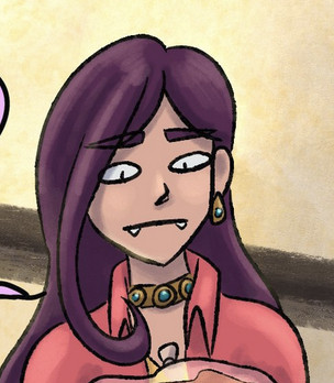 Cropped screenshot of the new comic page. Veil looking down at what they're holding. They're silently confused about everything going on right now.