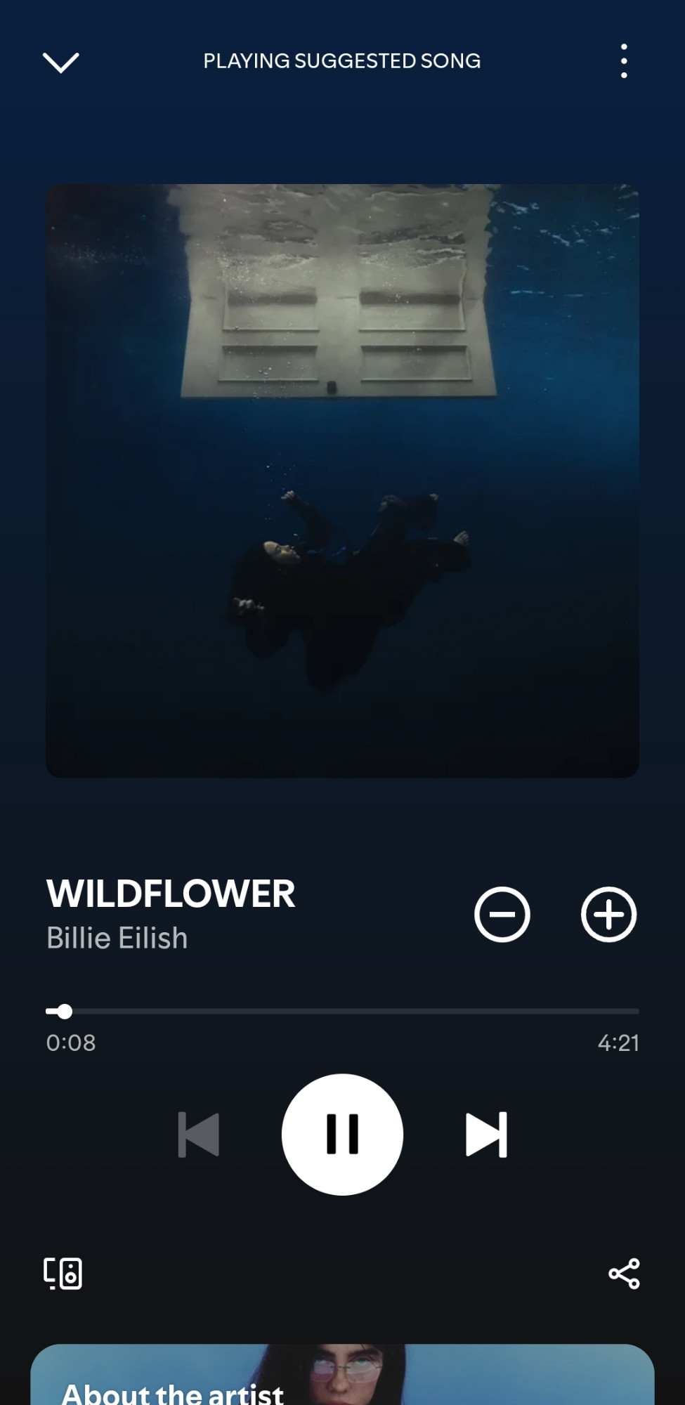 Screenshot of WILDFLOWER by Billy Eilish on thr Spotify app.