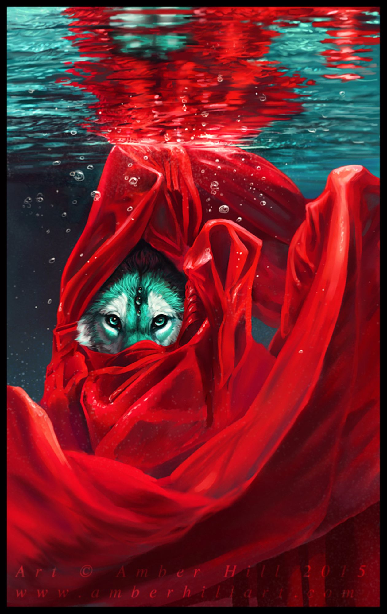 The face of the character Vantid, a blue and white wolf with gemstones in the forehead, peeks from billowing cloth underwater.