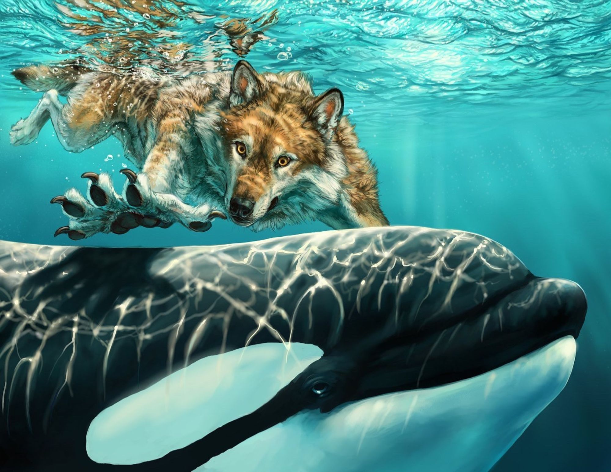 A gold and white anthro werewolf and orca just under the surface of a crystalline sea. The wolf is reaching out, toward the viewer, to pet the orca, and caustics, water web light, dance over the both of them.