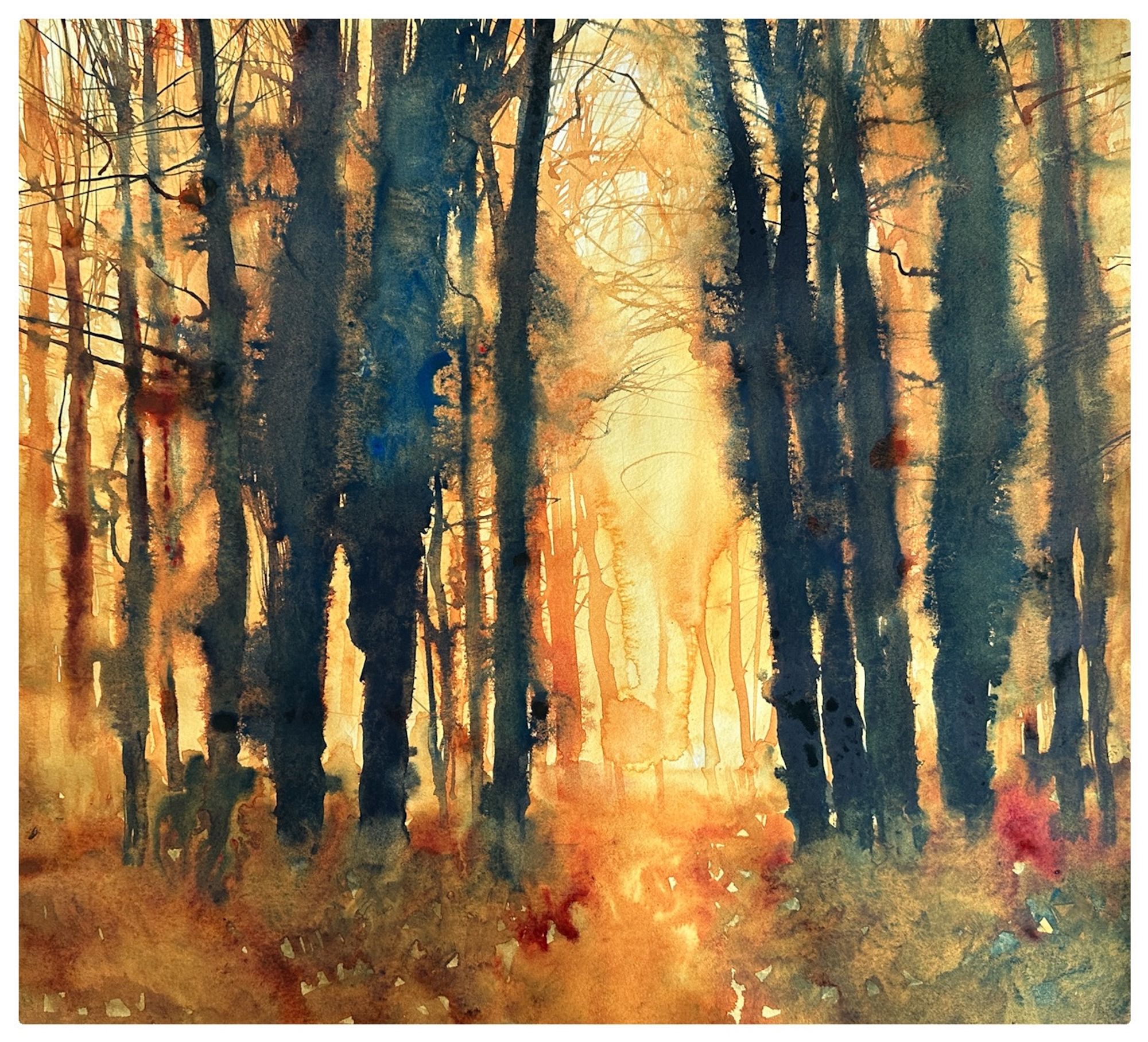 Tall dark trees on either side of a woodland path with an overall background of /orange giving the painting an overall autumnal sunset feel.