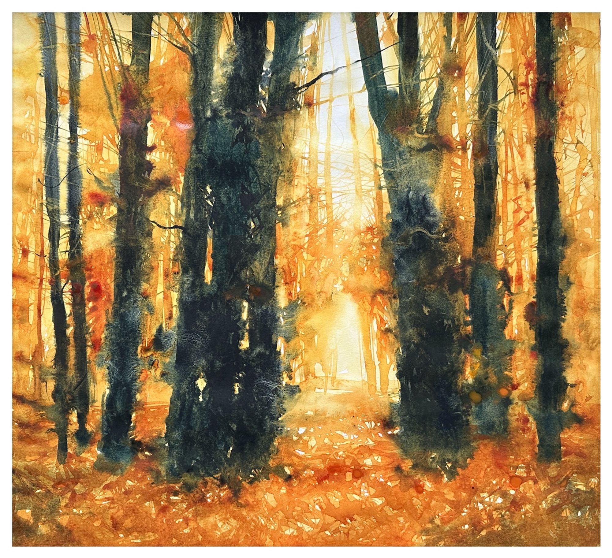 An overall yellow/orange
Tall dark trees on either side of a woodland path with an overall background of /orange giving the painting an overall autumnal feel.