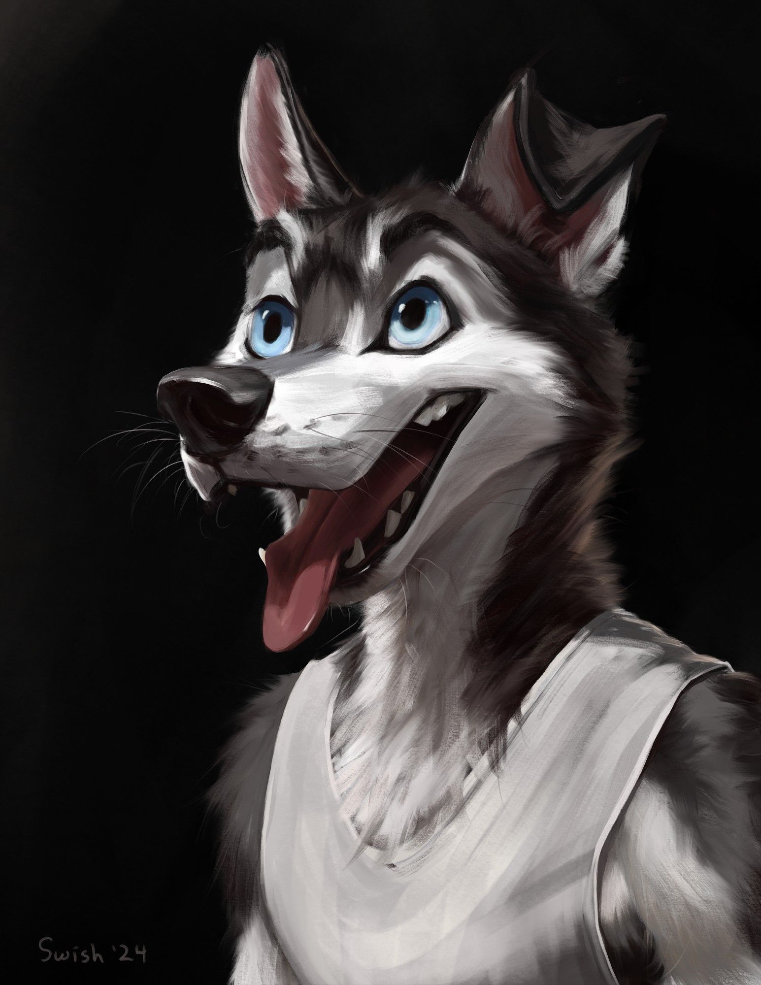 anthropomorphic husky wearing a tank top and gazing up at some kinda macguffin