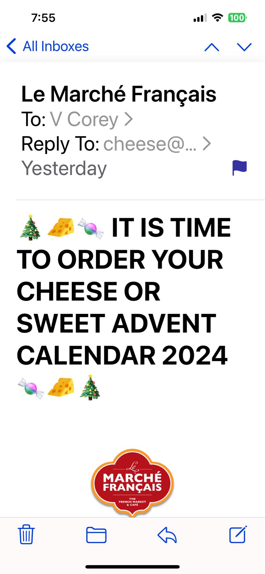 Email urging people that it’s time to order cheese or sweet advent calendars, all in caps, from Le Marché Français.