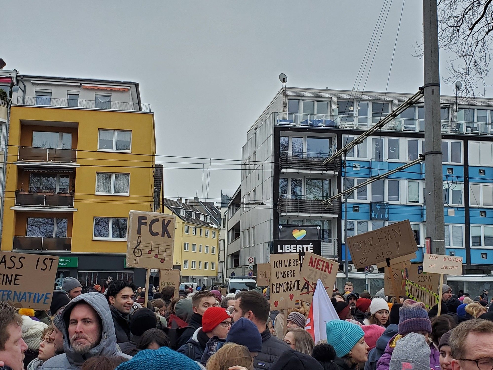 Signs here include: "FCK" above the musical notes on a treble clef for A, F, and D; "Ich liebe unsere Demokratie"; "Nein zur AfD"; "Liberté, Egalité, FCK AfDeé"