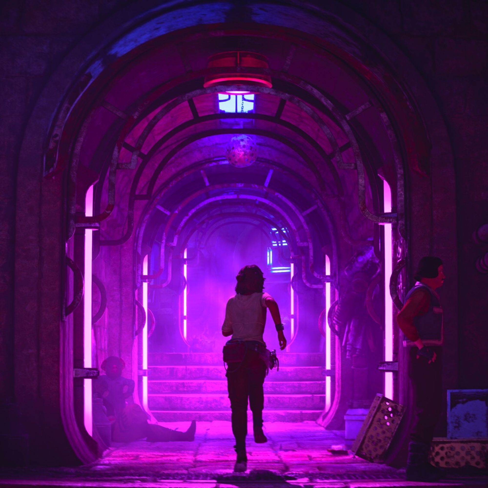 Kay Vess running from behind into an arched doorway and corridor lit fuschia and violet.