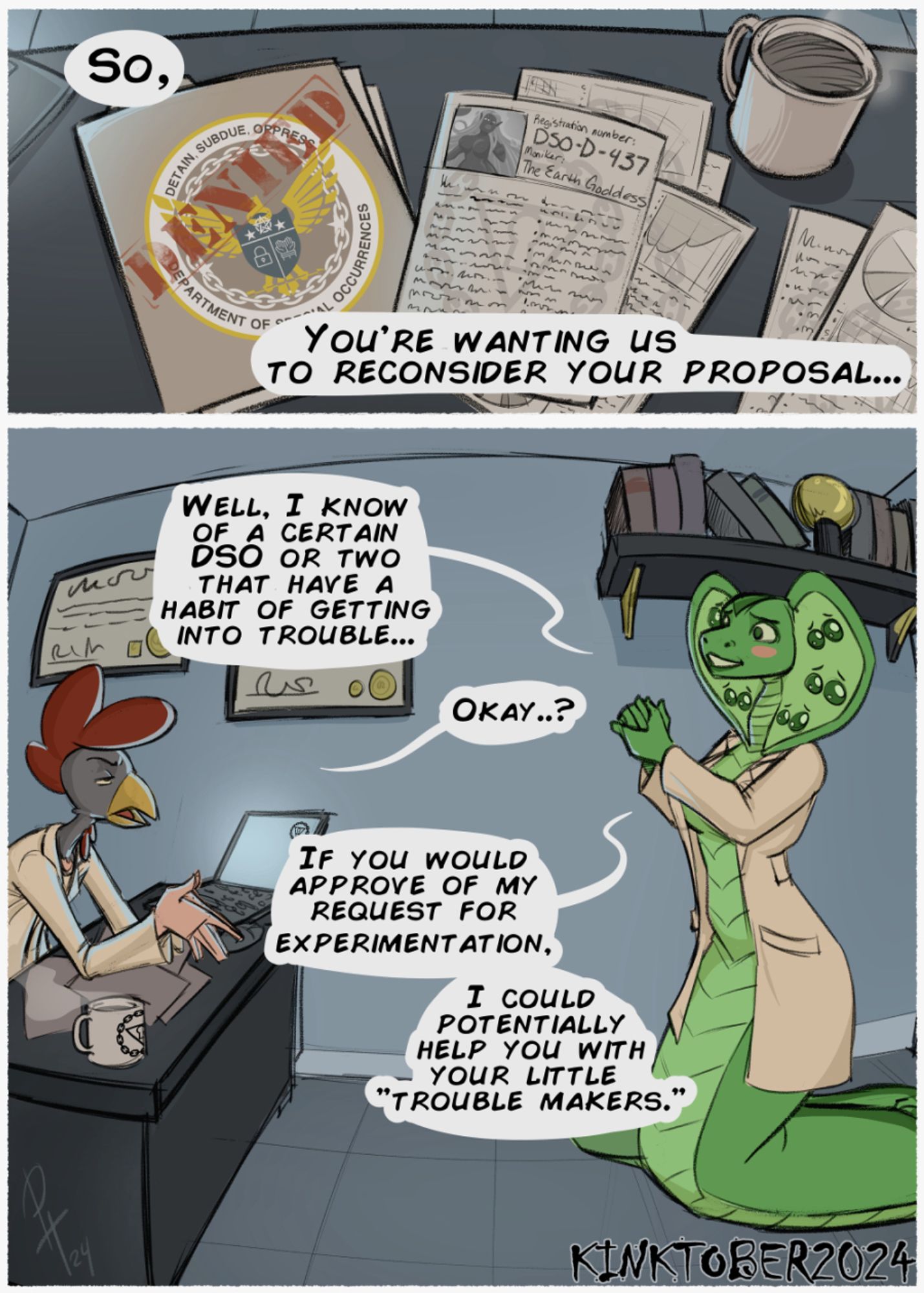 Eden had run into some bureaucratic bullshit with her testing. Suddenly she needed "approval" for "human testing" or whatever, and she had been cut off from testing until she had that approval. Lucky for her, she knew who to ask for a reconsideration, and since they had a fairly good professional relationship, she slithered into Dr Kyle's office. He was slumped at his desk pecking away at the keyboard when she entered the room. He looked just as sour as he always did, and Eden paid it no mind, she had one task, and one task only.  Butter Dr. Kyle up, and get her experimentation regimen approved.