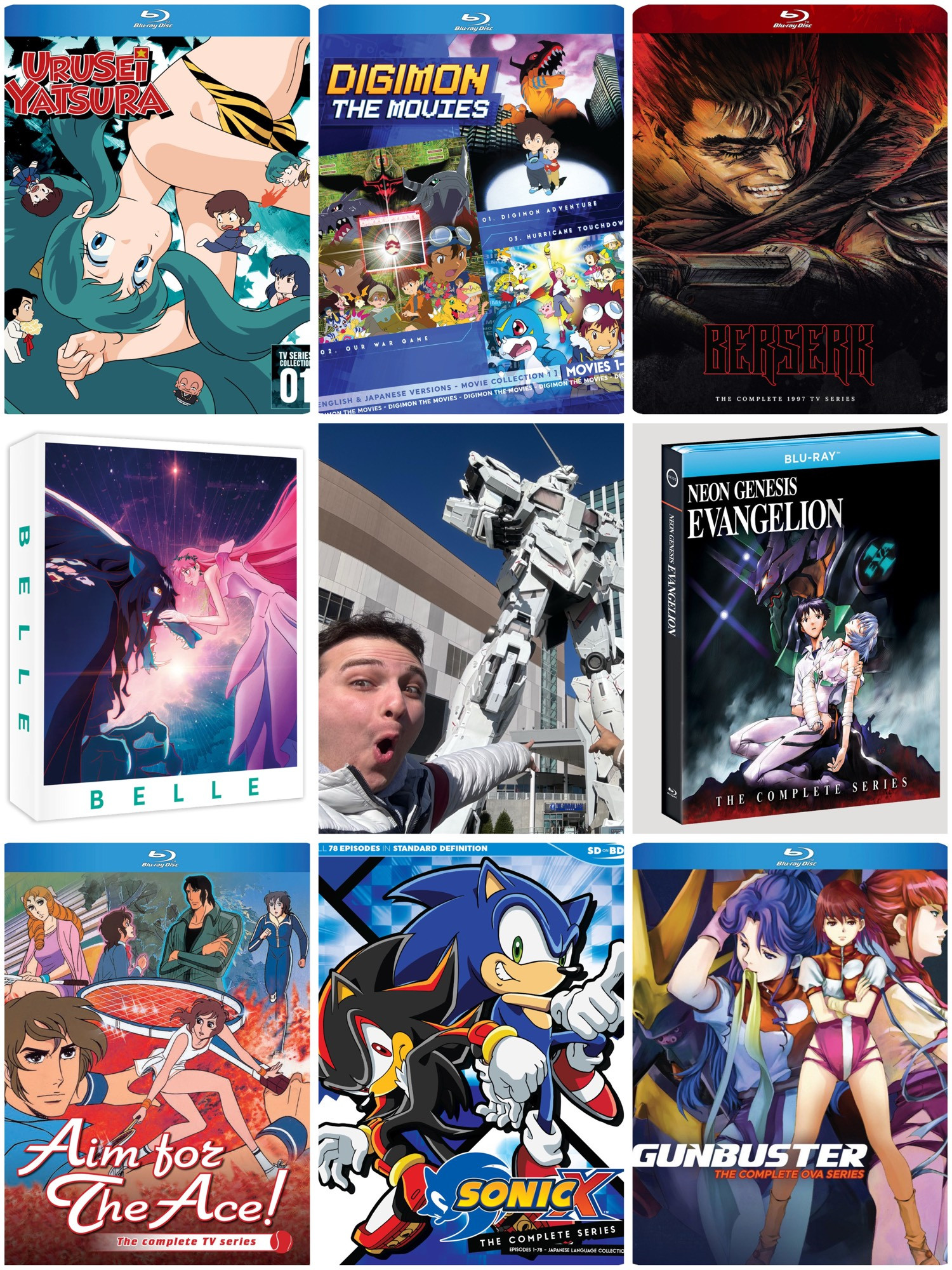 A collage of discs I’ve either produced, authored, or worked on in some fashion, surrounding a photo of me pogging to the huge Unicorn Gundam in Odaiba, Tokyo. The discs from top to bottom, left to right, are: Urusei Yatsura, Digimon Movies, Berserk 1997, Belle UK UHD+BD, Neon Genesis Evangelion, Aim for the Ace!, Sonic X Japanese Version, and Gunbuster.