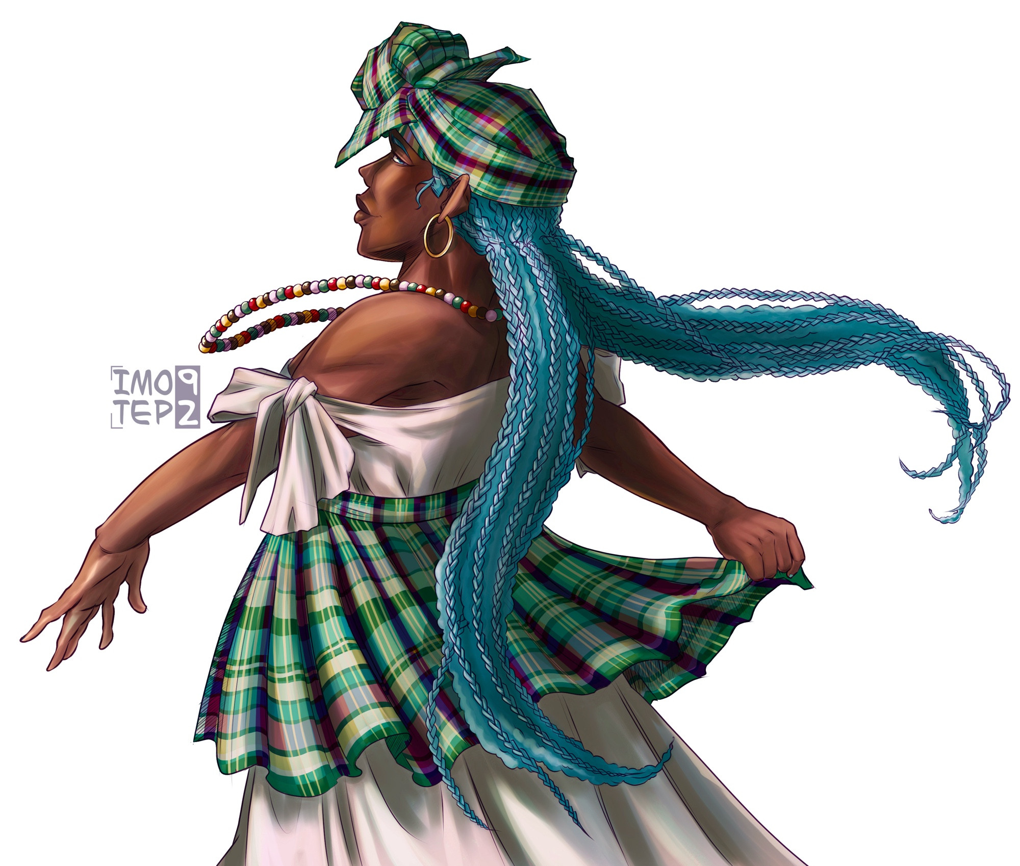 Black version of Hatsune Miku, dancing in Dominican dress 