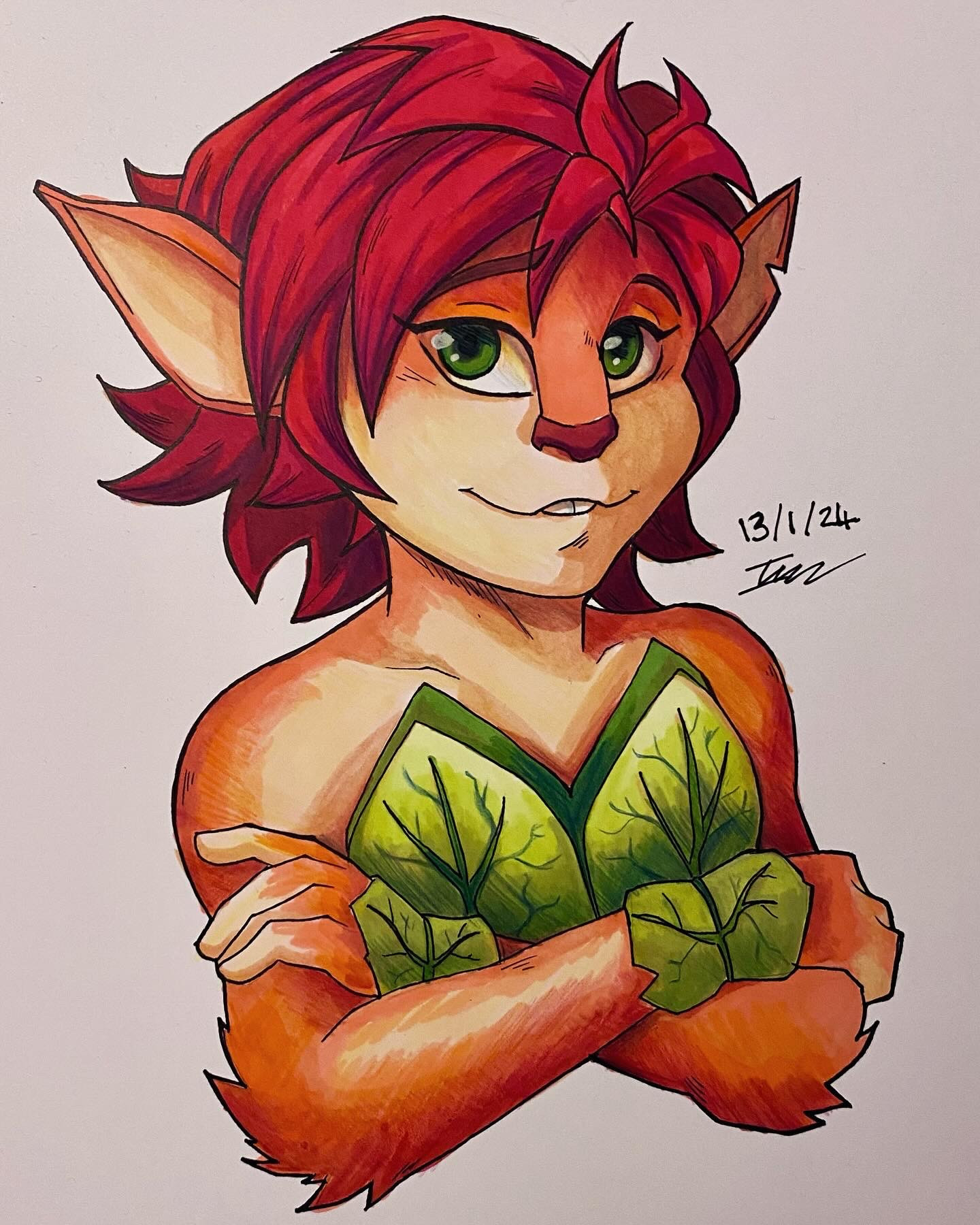 Image of a red faun, with red hair shoulder length hair, green eyes and clothing made of leaves, with her arms crossed