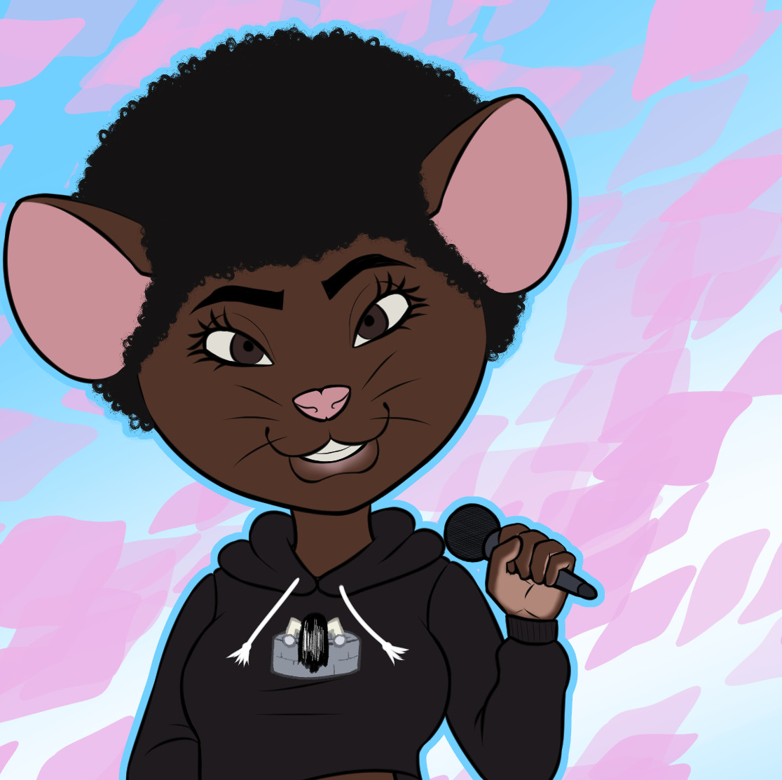 Cropped shot of Fifi Squeaks. A black mousegirl with  short afro, a cute Sadako hoody, and a microphone in her hand. Art by Camelot