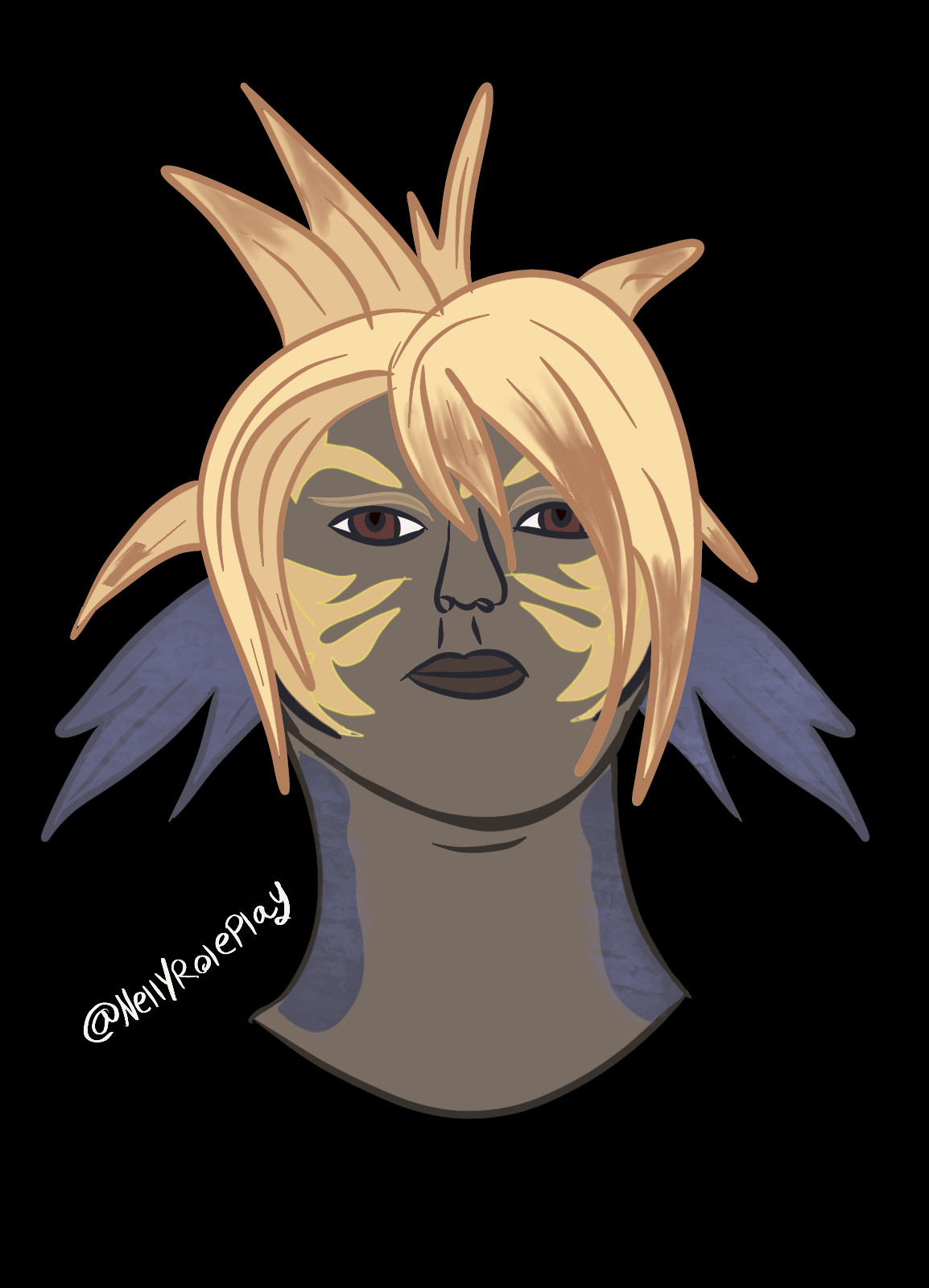 An incredible headshot of my Au'ra, Narantuya Mol from FFXIV. The art was done by NellyRoleplay. The art depicts a woman with a fierce stare. Probably trying to stare up at the taller people she keeps finding in her life. Grrrr