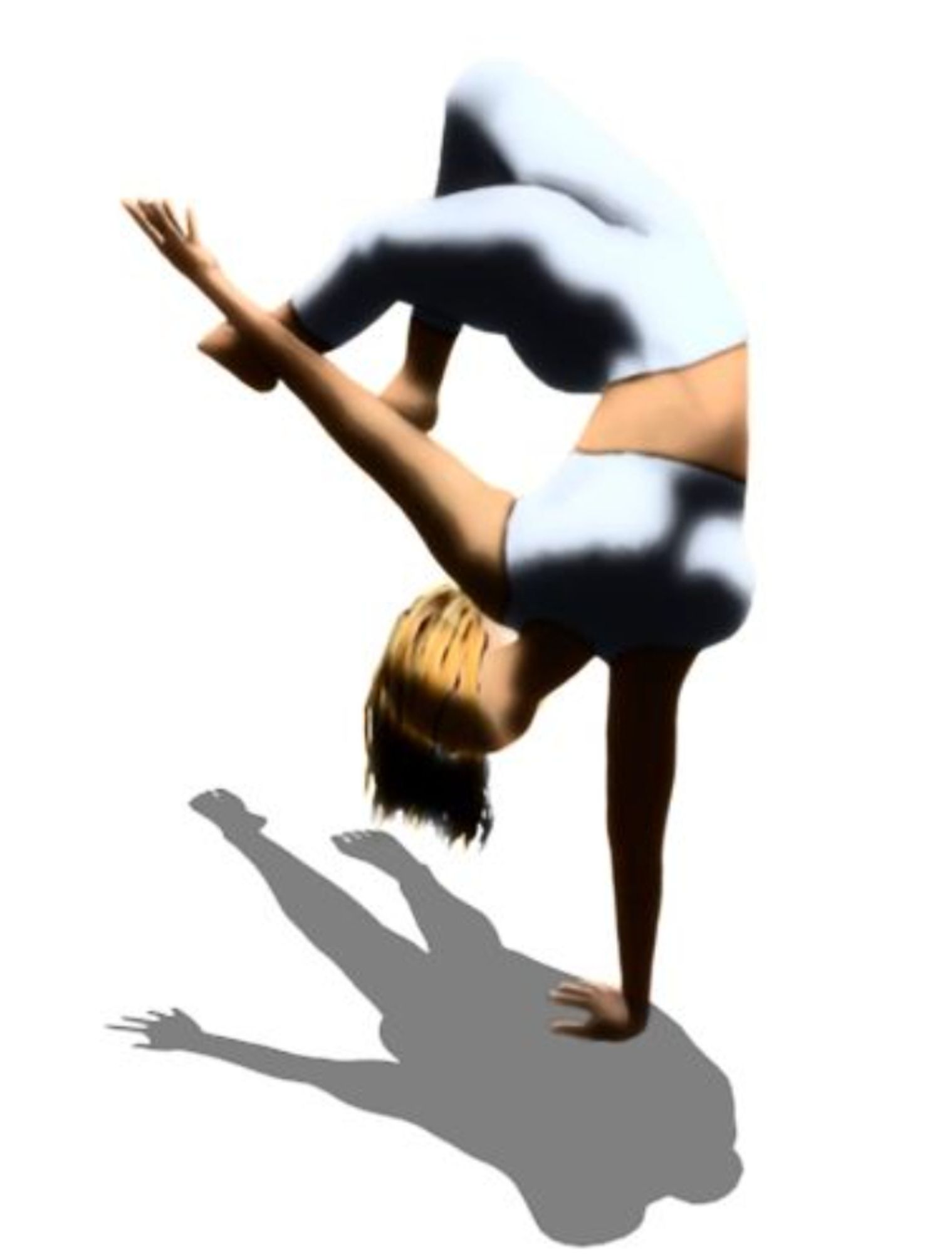 A study of a woman standing on one hand with stark lighting. Blond hair falls into her face. She's wearing a light blue sportsbra and yoga pants. Her free hand reaches up towards the sky. The shadow of her body on the ground is crisp enough to show individual toes and fingers.