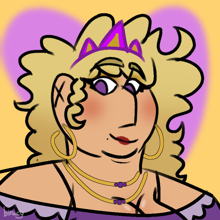 A digital sketch bust of Coronabeth Tridentarius, depicted with a round, chubby face, a long, hooked nose, purple eyes, and big blonde curls. She is wearing a strapless purple dress with ruffly sleeves, two gold necklaces with three purple beadson each, big gold hoop earrings, and a purple tiara in three triangular segments. She also has on gold eyeshadow, blush, and red lipstick. She is looking to the side with her eyebrows raised and smiling. The background is a light yellow, with a light purple heart shape directly behind her.