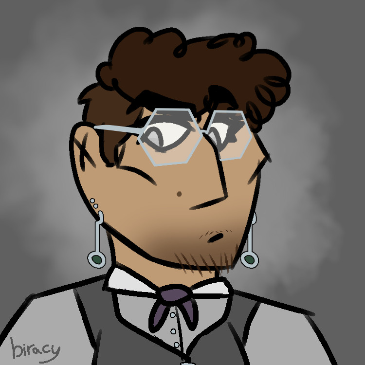 A digital sketch bust of Palamedes Sextus, depicted with tan skin, a long, hooked nose, short, curly brown hair shaved on the sides, a small, faint mustache and beard, and a mole on his cheek. He is wearing a pale gray collared shirt with silver buttons, a gray vest, a dull purple Western-style tie, silver-rimmed hexagonal glasses, and dangly silver earrings inset with dark green gems. He has a quizzical expression on his face, with one eyebrow furrowed and the other raised. The background is a smoky pattern of grays.