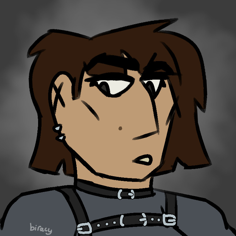 Digital sketch bust of Camilla Hect, depicted with tan skin, a long, hooked noe, and a mole on her cheek. She is wearing a bluish-gray shirt, a black chest harness and collar with silver buckles, and two silver earrings. She is looking off to the side with a slightly puzzled, slightly interested expression on her face. The background is a smoky combination of grays.