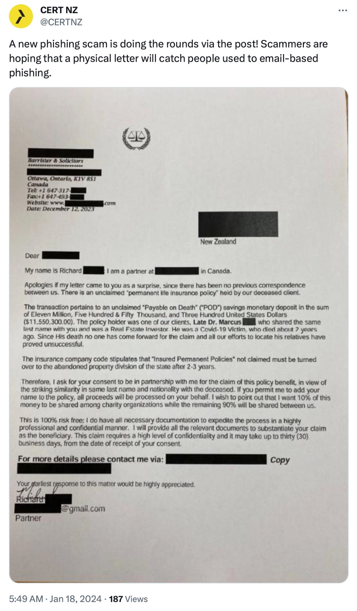 A new phishing scam is doing the rounds via the post! Scammers are hoping that a physical letter will catch people used to email-based phishing.