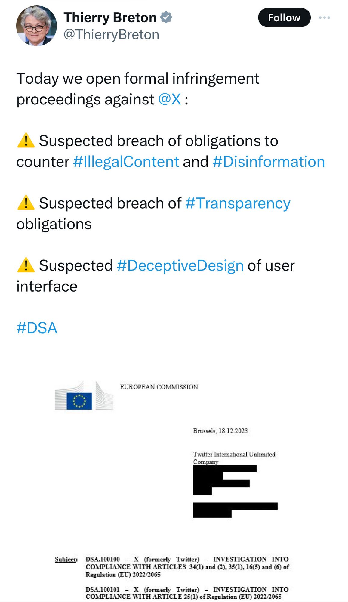 Today we open formal infringement proceedings against @X :

⚠️ Suspected breach of obligations to counter #IllegalContent and #Disinformation

⚠️ Suspected breach of #Transparency obligations 

⚠️ Suspected #DeceptiveDesign of user interface

#DSA