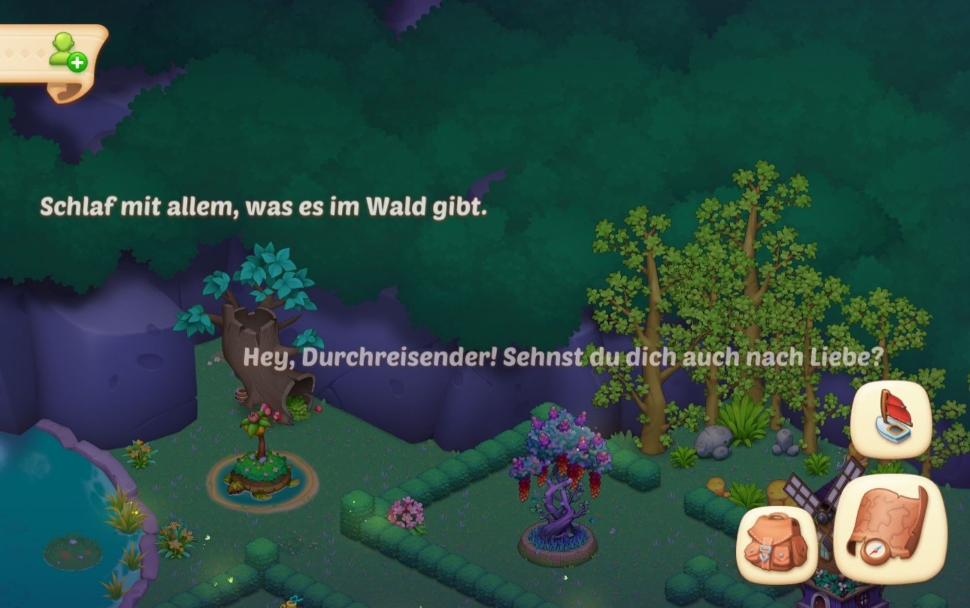 Screenshot von einem Handyspiel. Im Hintergrund eine Art Garten, davor der Text "Schlaf mit allem, was es im Wald gibt" und "Hey, Durchreisender! Sehnst du dich auch nach Liebe?"