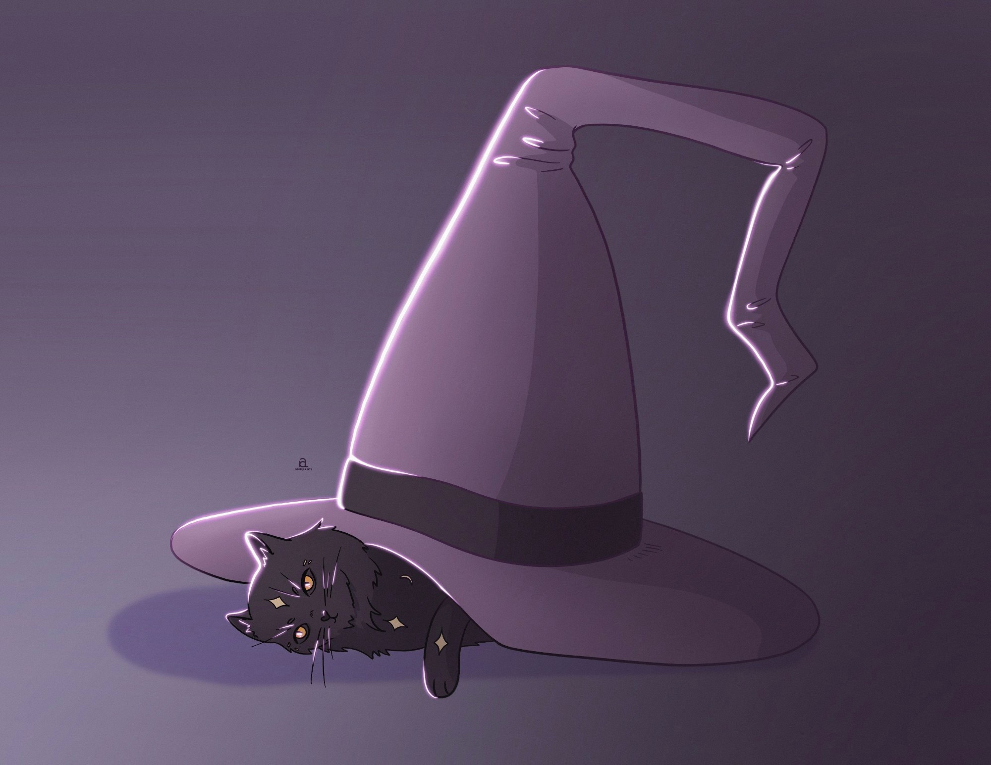 A digital drawing of a cat laying under a big witch's hat