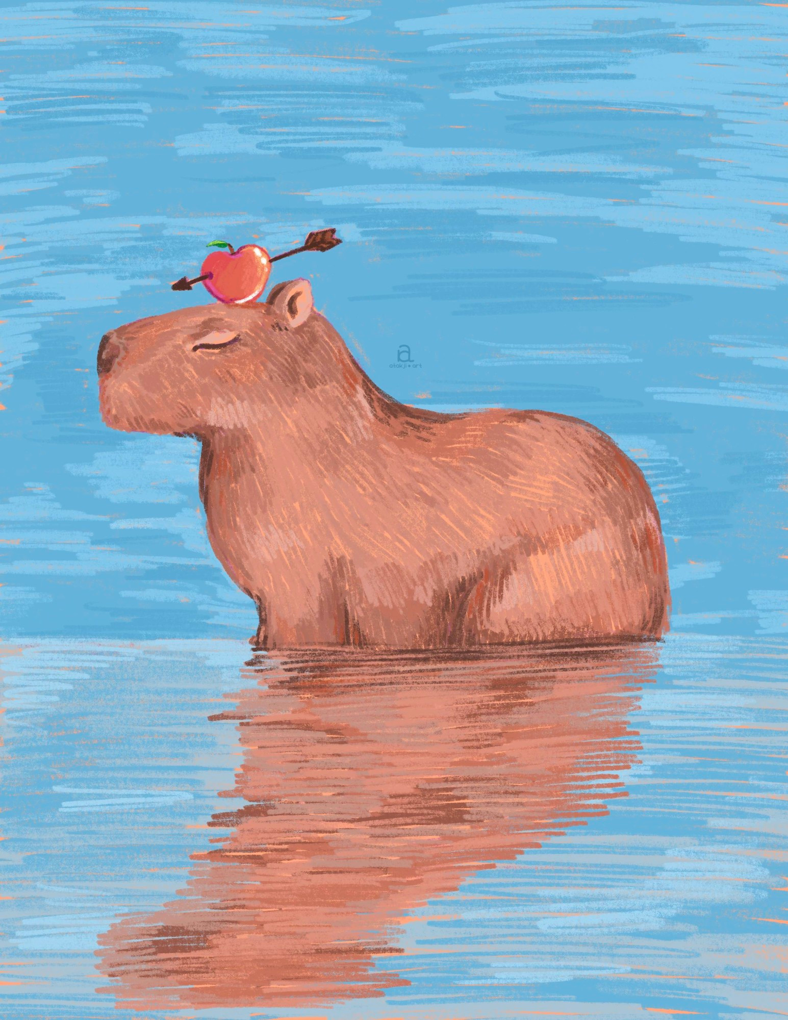 A digital drawing of a capybara with an apple on it's head with an arrow through it