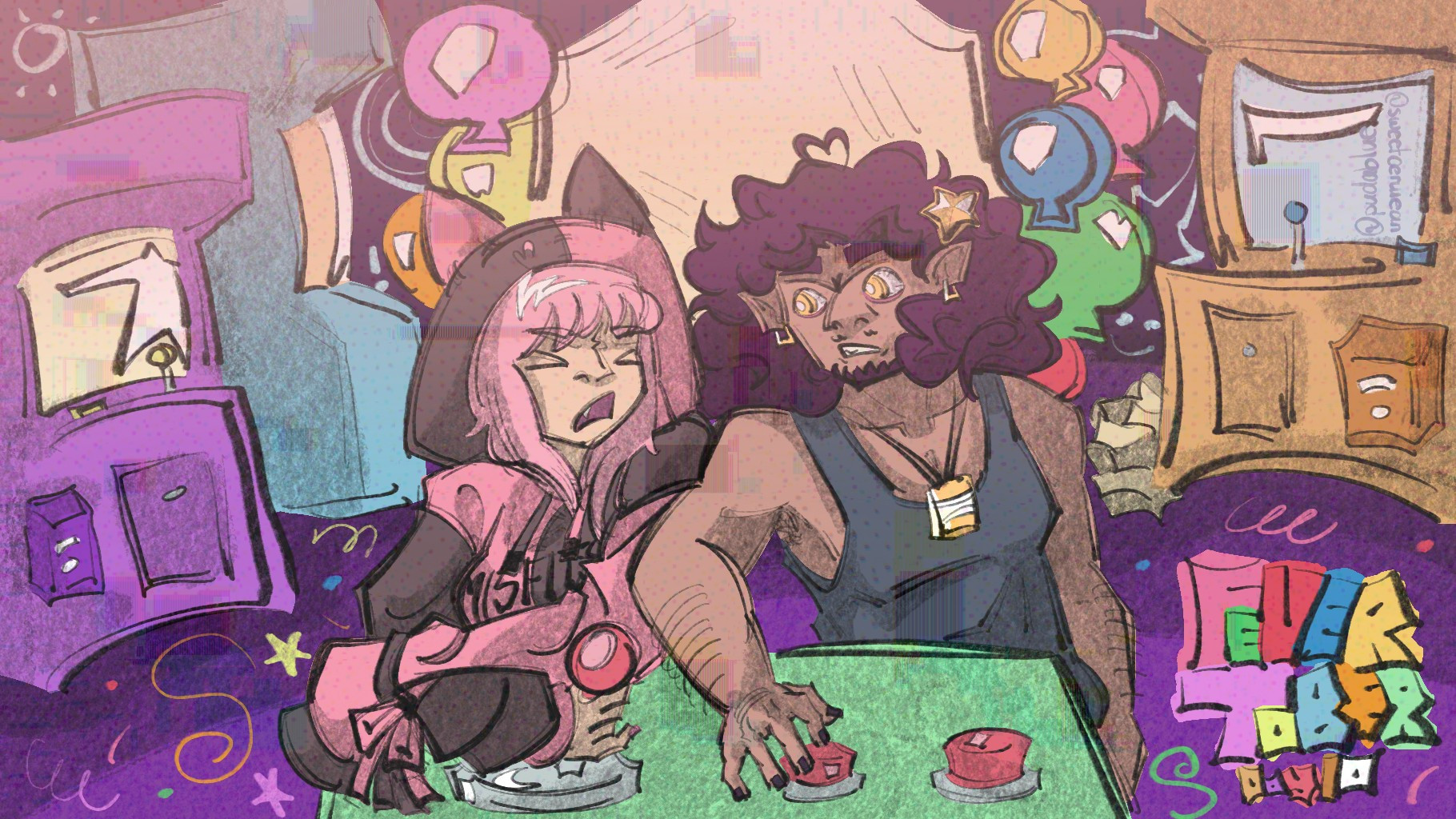 Two fictional characters angered at each other over an arcade game that they are both playing. One is wearing gold accessories with a tank top and a star stuck on their head, and the other is wearing a pink hoodie. This was created for an event in the Fever Demons community known as "Fevertober", and the Day 10 prompt was Fanart Redraw.