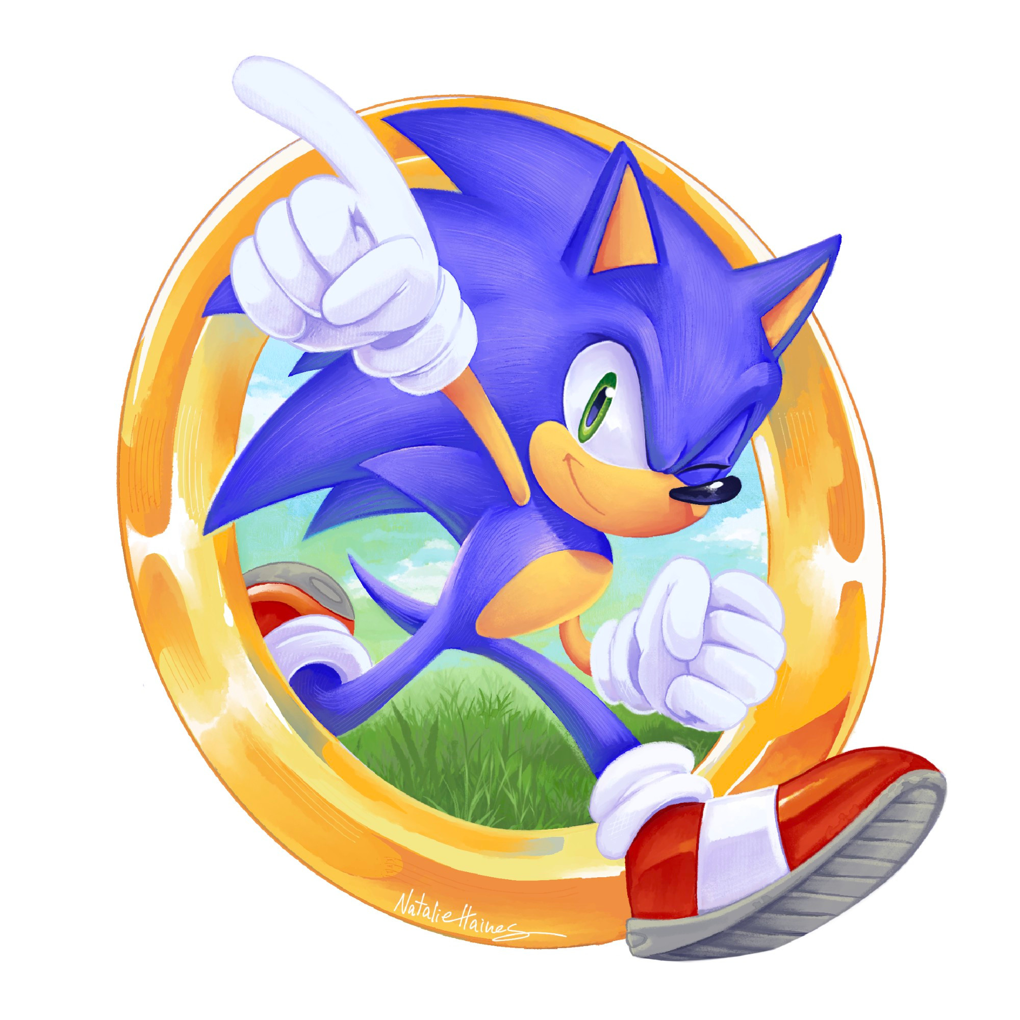 Sonic the Hedgehog, winking and pointing with his right hand, while running out of a large gold ring. There's a grassy field and blue sky in the background of the ring