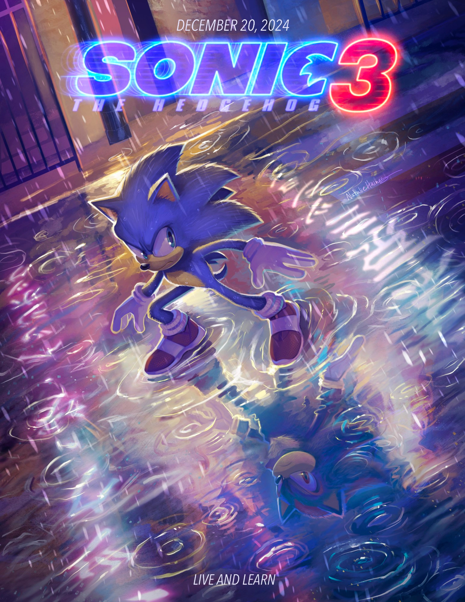 Sonic the Hedgehog Movie 3 fan made poster, featuring Sonic in the rain with Shadow appearing in his reflection in the water. There's neon sign reflections in the water.