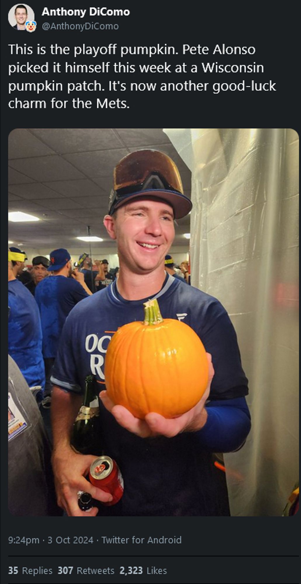 This is the playoff pumpkin. Pete Alonso (in goggles with beer) picked it himself this week at a Wisconsin pumpkin patch. It's now another good-luck charm for the Mets.