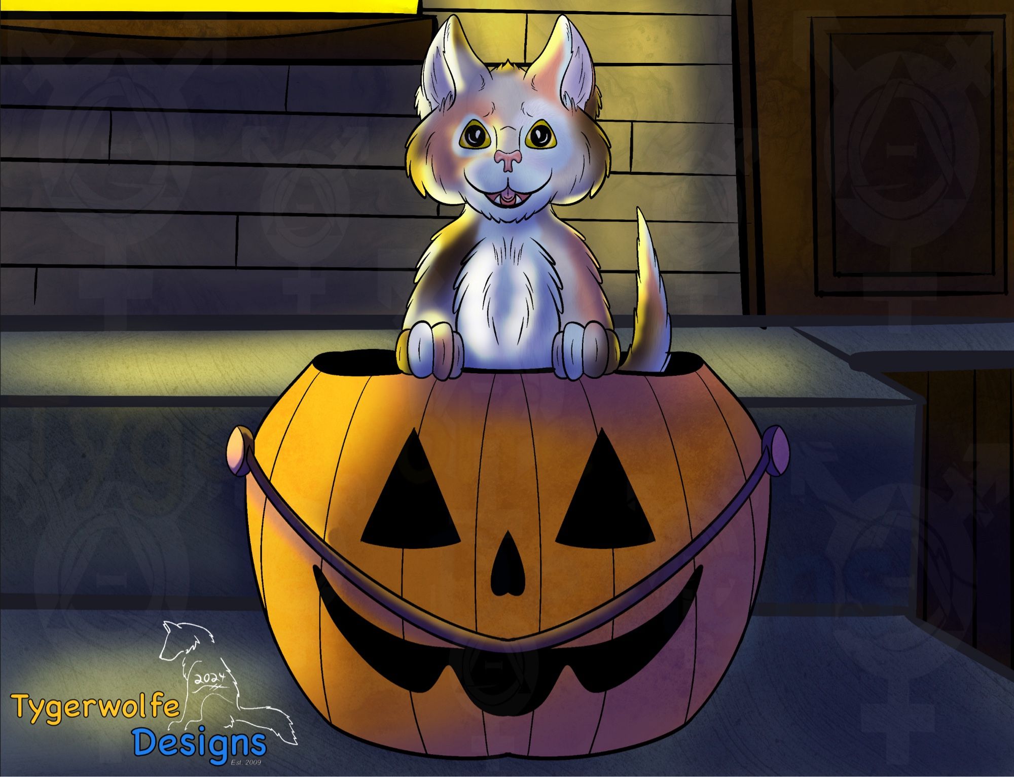 A digital drawing of a calico kitten popping up out of a Jack-o-lantern shaped treat bucket sitting on a front porch.