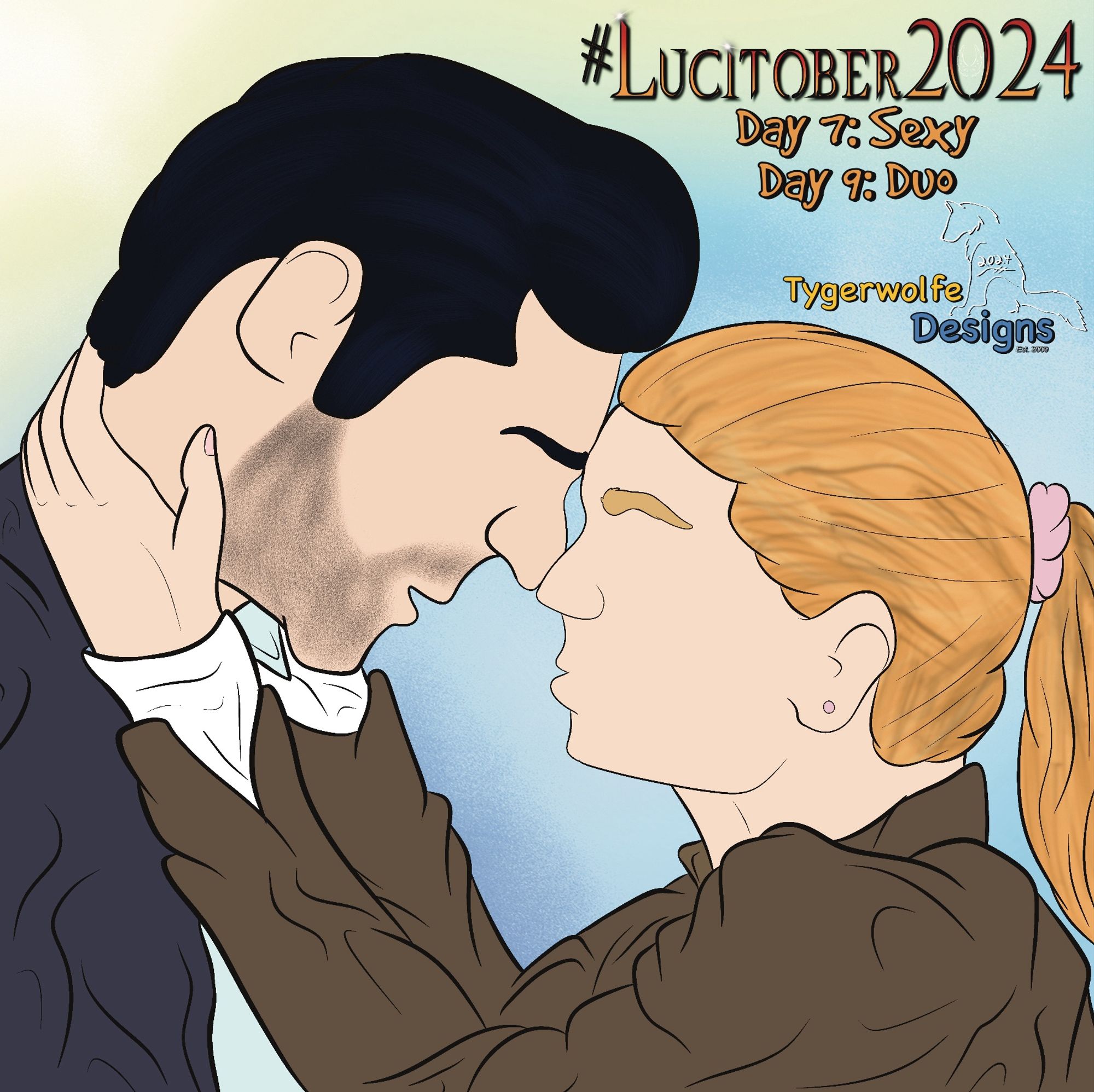 A simplified drawing of Tom Ellis as Lucifer Morningstar and Lauren German as Chloe Decker from the Netflix’s series, Lucifer. They are gently touching their foreheads together while Chloe cradles Lucifer’s head with her hand on his neck.