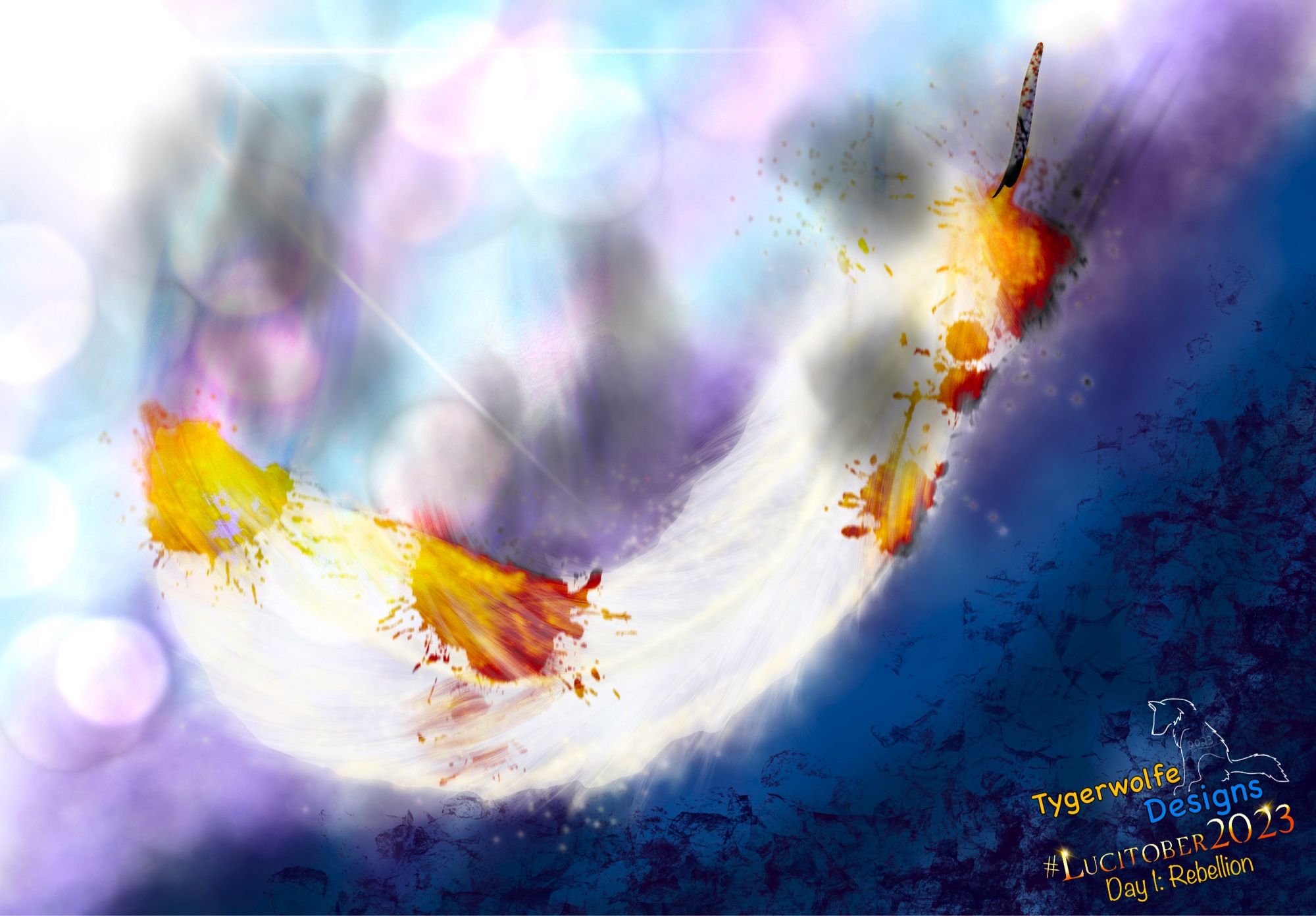 A white feather glowing with soft golden light, splattered in blood that’s seemingly on fire, whisps of smoke rising from the fires is falling across a purple interim plane - bright lights and colors at the upper left, to dark blue/blacks at the lower right. Symbolizing Lucifer’s fall from the Silver City into Hell after his rebellion. Branding at the lower left includes the Tygerwolfe Designs logo, as well as #Lucitober2023 & the Day 1 prompt: Rebellion.